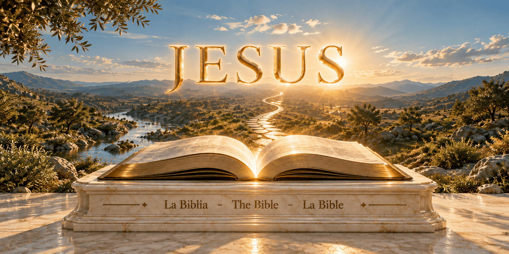 JESUS sobre un paisaje natural con agua, camino y una Biblia abierta sobre un pedestal de mármol marfil.