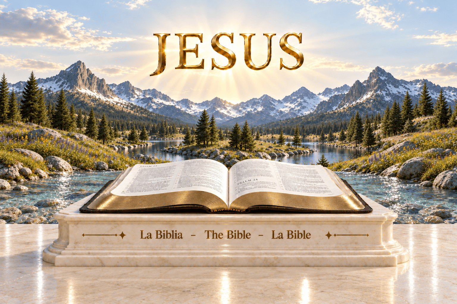 JESUS en letras doradas sobre un paisaje de montañas nevadas, pinos y agua; una Biblia abierta descansa sobre un pedestal de mármol marfil con la inscripción La Biblia - The Bible - La Bible.