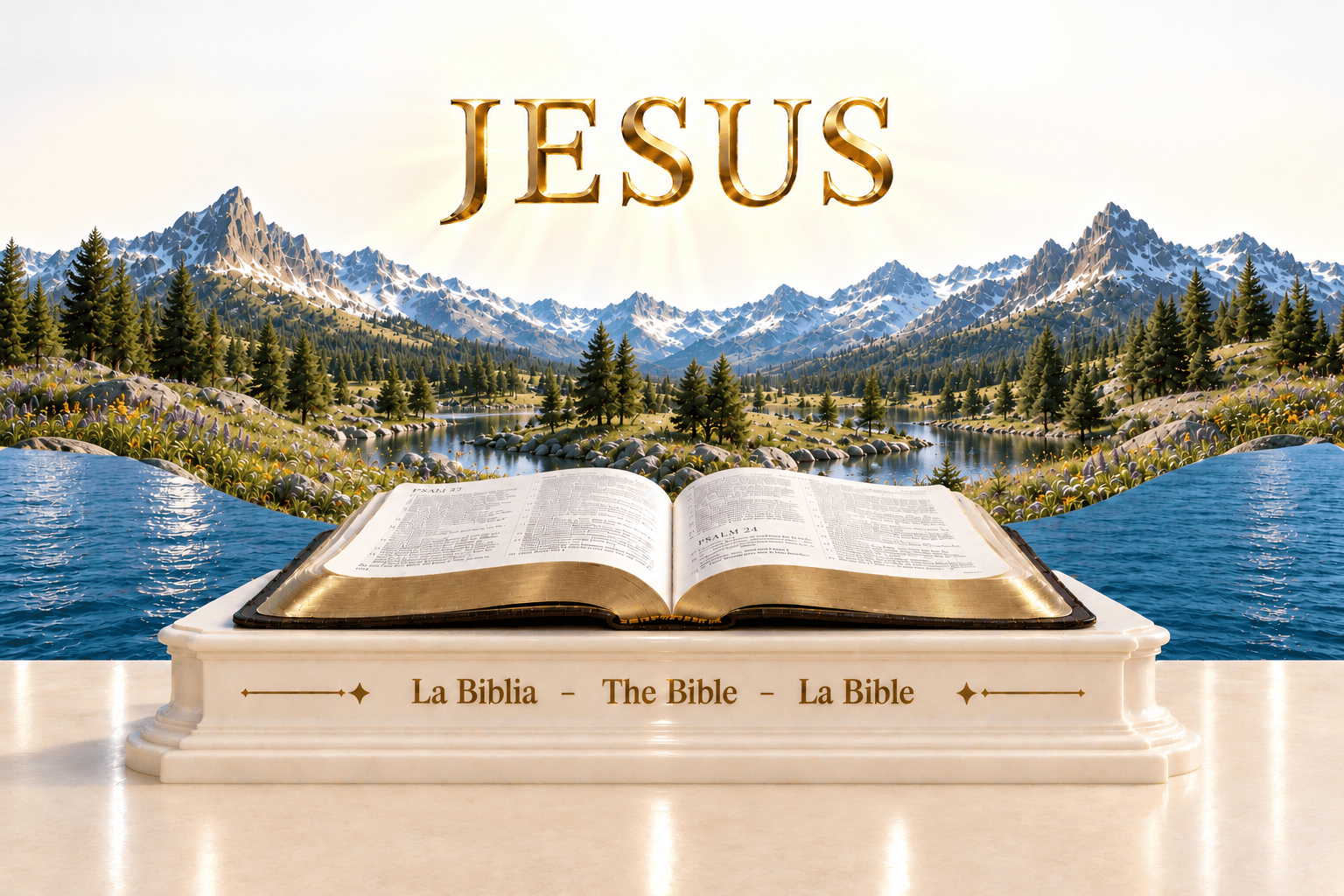 JESUS en letras doradas sobre un paisaje natural con agua, camino y una Biblia abierta sobre un pedestal de mármol marfil.