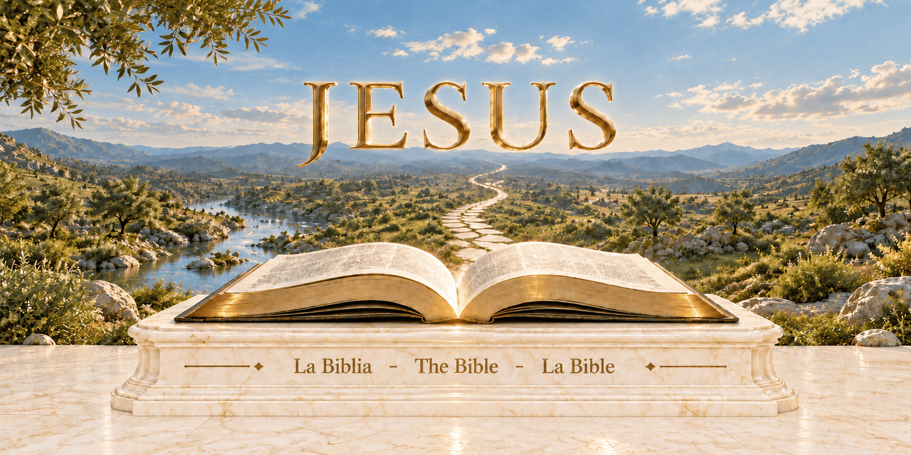 JESUS en letras doradas sobre un paisaje natural con agua, camino y una Biblia abierta sobre un pedestal de mármol marfil con la inscripción La Biblia - The Bible - La Bible.