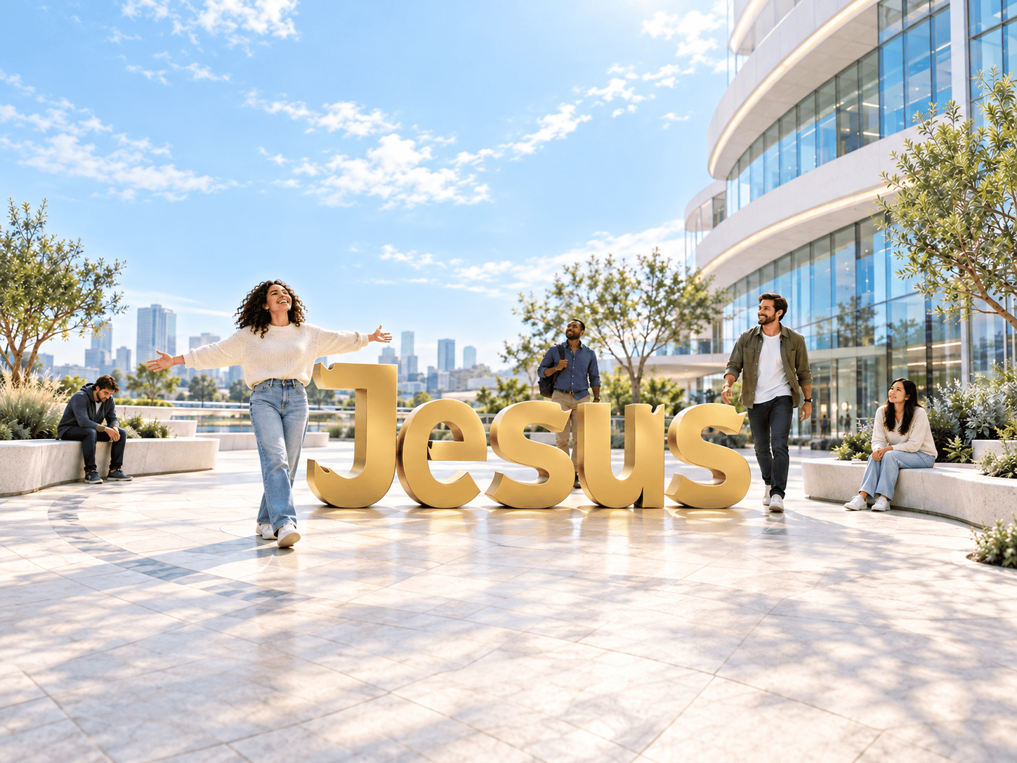 Cinco personas en una plaza moderna junto al nombre Jesus en dorado.
